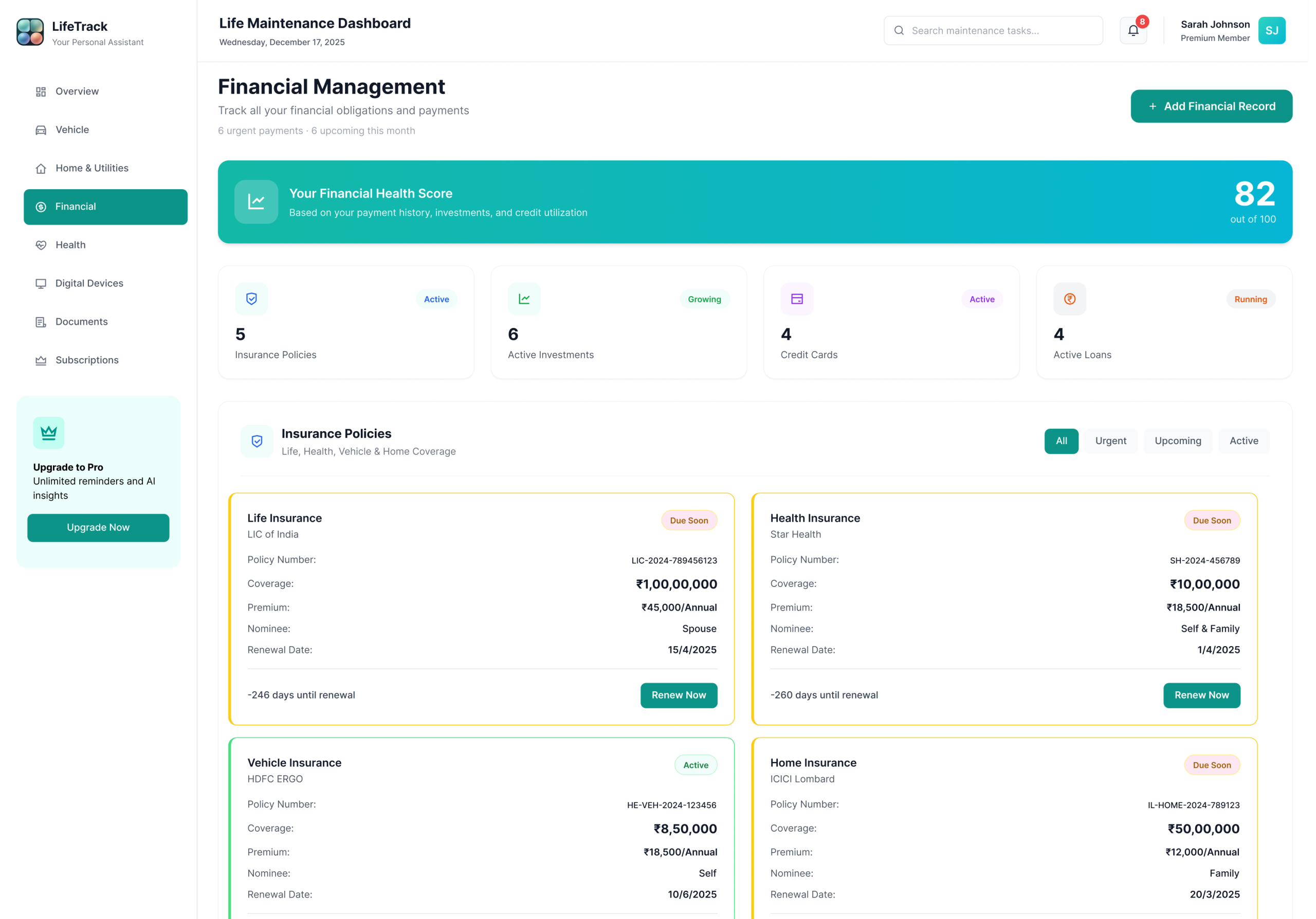 LifeTrack Financial Dashboard