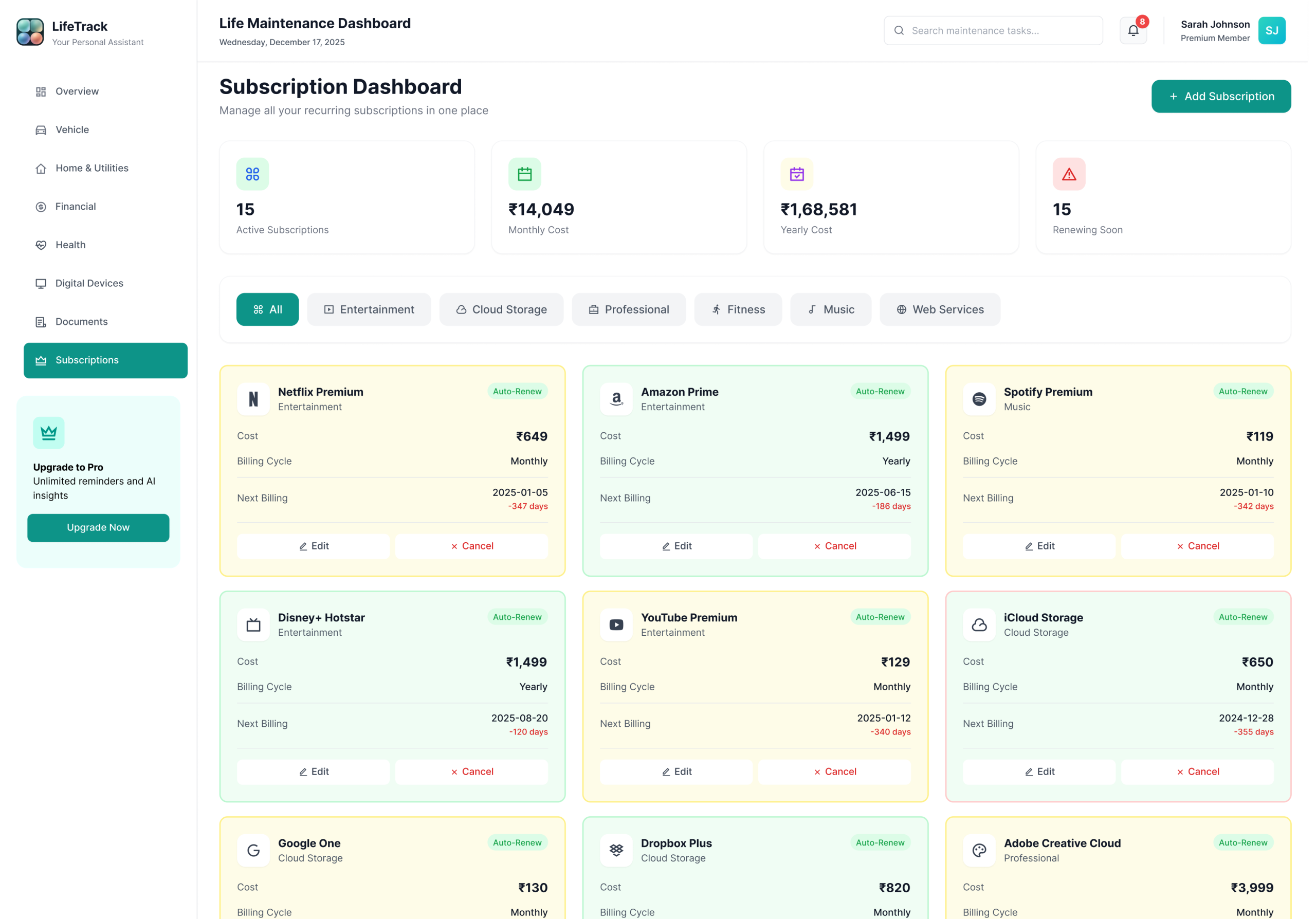 LifeTrack Subscriptions